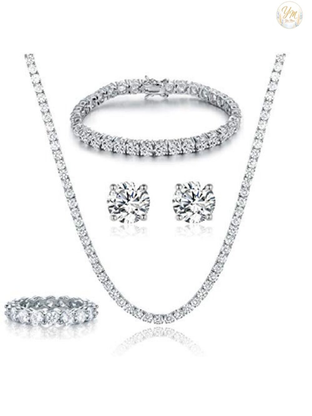 18K White Gold Plated Tennis Jewelry Set - CZ Necklace Bracelet Earrings with